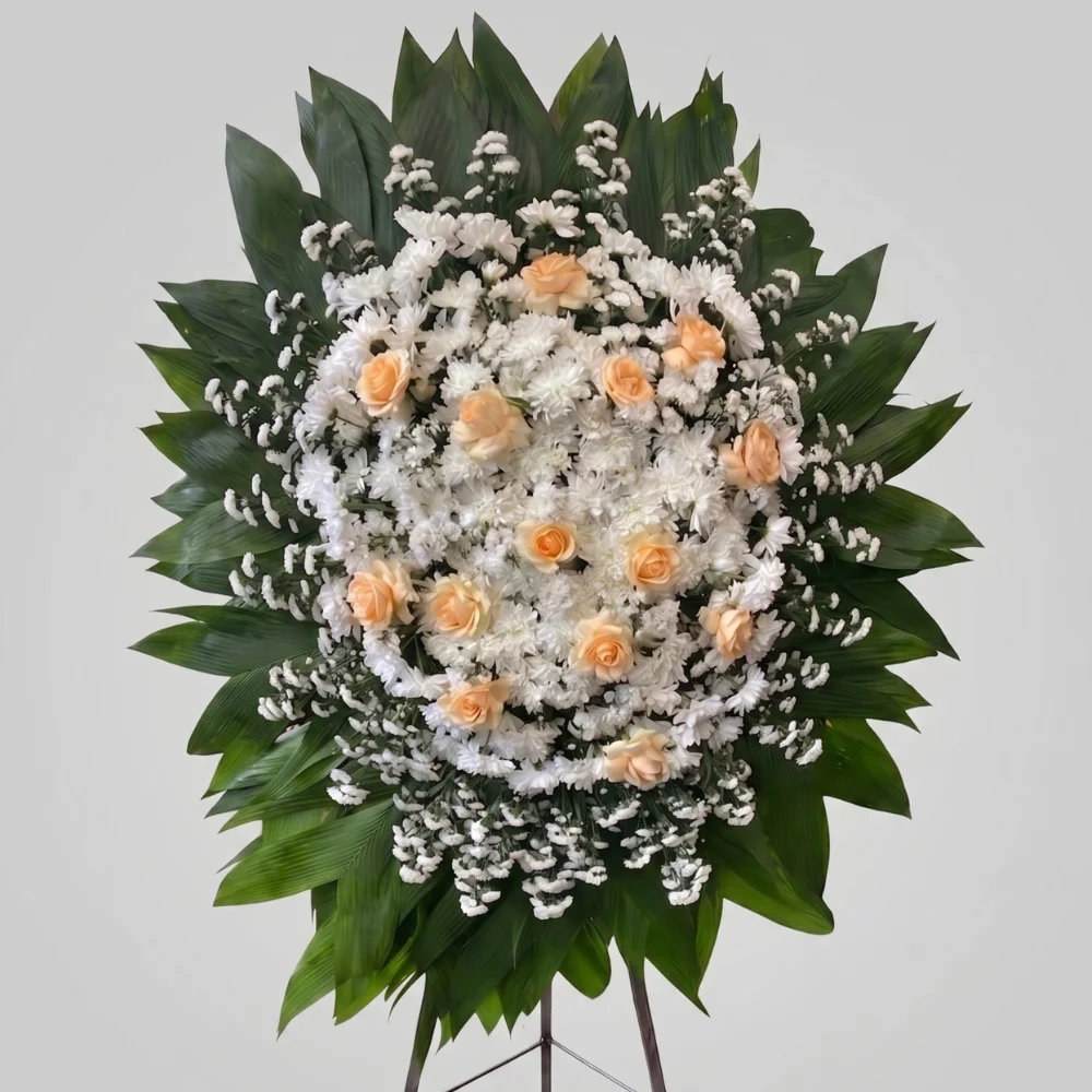 Coroa de flores premium para velório com flores coloridas e folhagem exuberante — modelo Premium Esperança