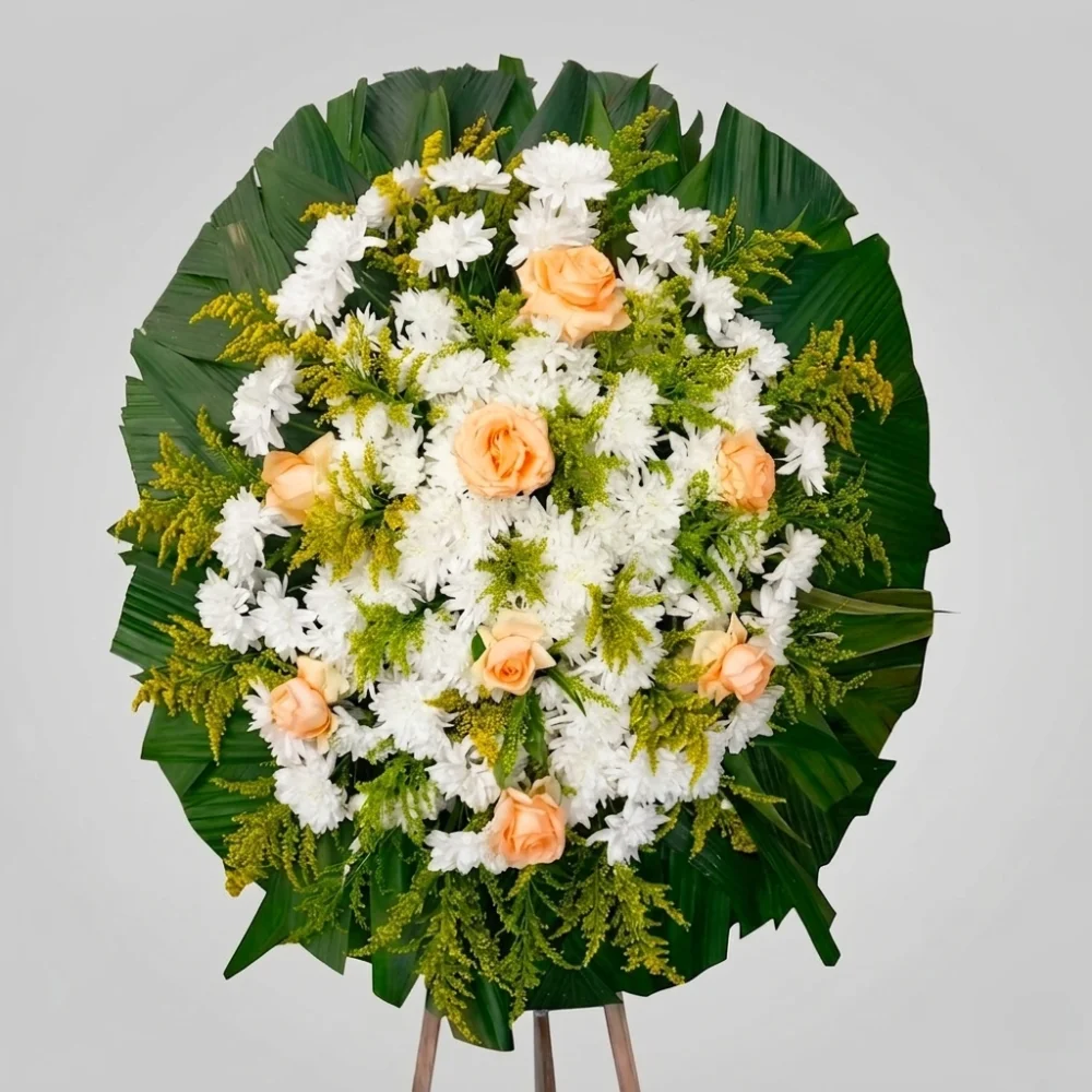 Coroa de flores premium para velório com rosas cor-de-rosa, gérberas e folhagem sofisticada — modelo Premium Ternura
